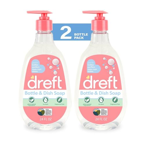 Dreft Baby, Bottle and Dish Soap, Removes Milk Film & Odor, Plant Based, Fragrance Free, Travel Size Bottles, 24 Fl Oz (Pack of 2)
