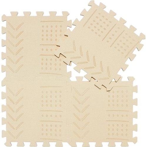 qqpp EVA 18 Tiles Baby Play Mat for Playing, Interlocking Foam Floor Mats for Tummy Time & Crawling, Puzzle Flooring Tiles with Laser Pattern for Kids. Beige. QL-91(J) b18N