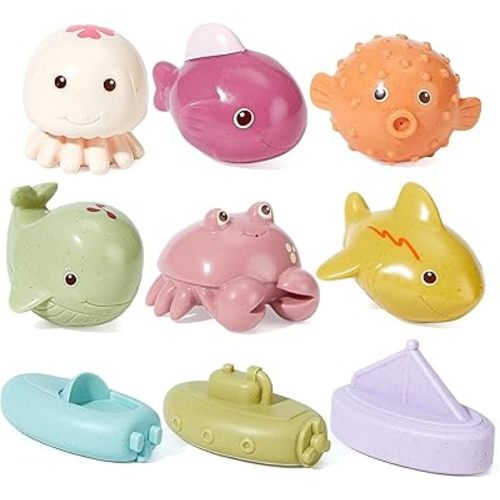AMCHSURIBaby Bath Toys for Babies 6-12 Months, 9PCS No Hole Ocean Sea Animal with Float Boats Bath Toys, Mold Free Bath Toys for Tub, Infant Toddler Toys Baby Girl Boy Presents