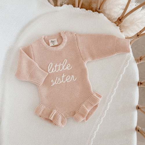 'Little Sister' Long Sleeve Frill Leg Knit Romper - Pink Lemonade