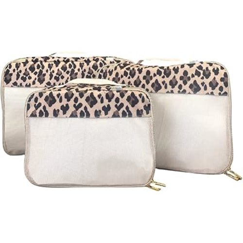 Itzy Ritzy Packing Cubes for Travel – Set of 3 Large Packing Cubes or Travel Organizers; Each Cube Features a Mesh Top, Double Zippers and a Fabric Handle; Large Sizes (Leopard)