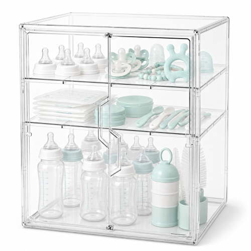 Gofinoday Baby Bottle Organizer, 3-Tier Acrylic Bottle Storage for Countertop with Double Magnetic Doors, Adjustable Dividers, Clear Bottle Station