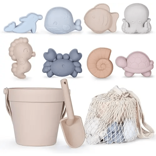 11Pcs Silicone Beach Toys,Modern Baby Beach Toys,Travel Friendly Beach Set,Silicone Bucket, Shovel, 8 Sand Molds, Beach Bag,Silicone Sand Toys for Toddlers, Kids (Begie)