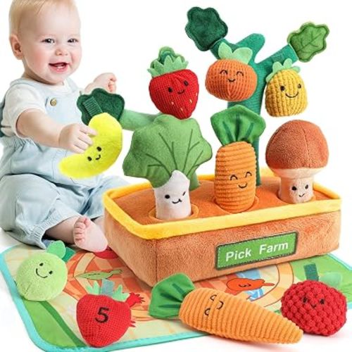 Mini Tudou Baby Toys 6-12 Months-Fruits Veggies Farm Stuffed Plush 15PCS-Montessori Sensory Educational Toy Mushroom Carrot with Rattle Squeaker Crinkle Color Shape Number Matching Baby Gifts