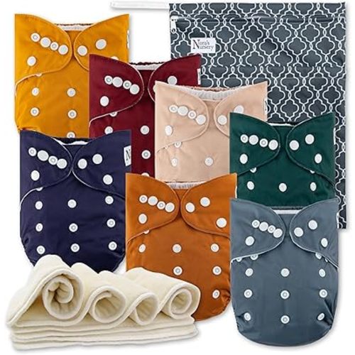 Nora's Nursery Cloth Diapers 7 Pack with 7 Inserts & 1 Wet Bag - Waterproof Cover, Washable, Reusable & One Size Adjustable Pocket Diapers for Newborns and Toddlers-Pacific Neutrals