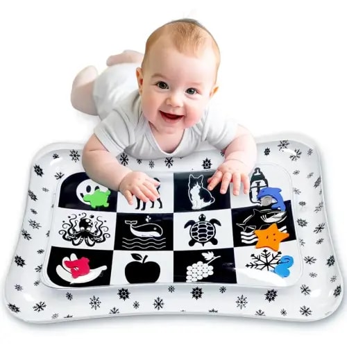 Newborn Infant Tummy Time Water Play Mat – Black and White High Contrast Water Mat for Baby, Girls or Boys - Promotes Core Strength and Motor Skills, Portable Montessori Toys for Babies 1-9 Months