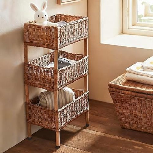 3 Tier Wicker Basket Stand, Handwoven Rattan Storage Rack with Wooden Frame, Boho Wicker Bookshelf and Organizer Shelf for Living Room, Bathroom, Kitchen, Bedroom (Light Coffee)