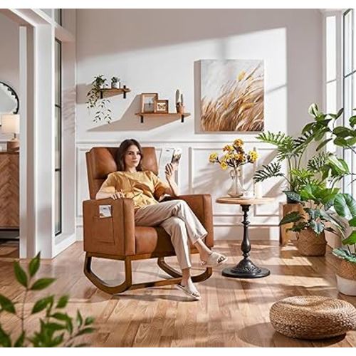Yaheetech Leather Glider Chair, Modern Rocking Chair, Nursery Faux Leather Glider Chair with Rubber Wood Legs and Side Pocket, Rocking Accent Armchair for Living Room, Bedroom, Brown