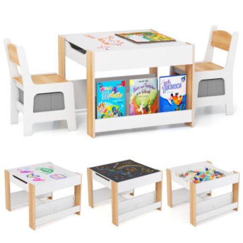 4 in 1 Kids Toddler Activity Table and Chairs Set with Reversible Tabletop-Natural