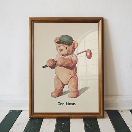 Nationcog Vintage Golf Teddy Bear Wall Art, Retro Watercolor Sports Print for Nursery, Kids Bedroom or Playroom Decor, Cute Golfer Artwork for Baby Boy (Unframed) (9x11)