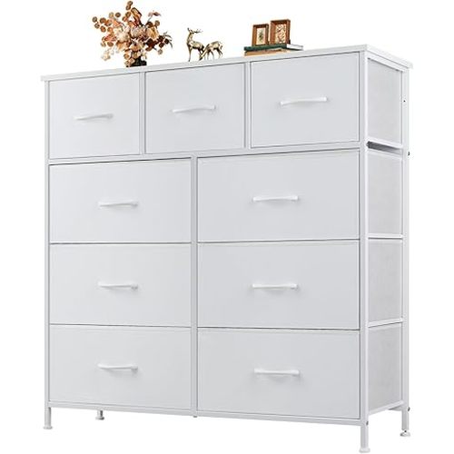 Dresser for Bedroom with 9 Drawers, Anti-Tip Fabric Storage Tower, Wood Top and Metal Frame Organizer for Clothes, Closet, Entryway, Hallway Furniture, White
