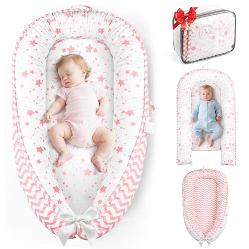 Baby Lounger Pillow for Newborn 0-24 Months, Baby Nest Breathable Cotton for Newborn, Babies Newborn Essentials Gifts, Breathable Portable Infant Lounnger for Travel and Home (Star)