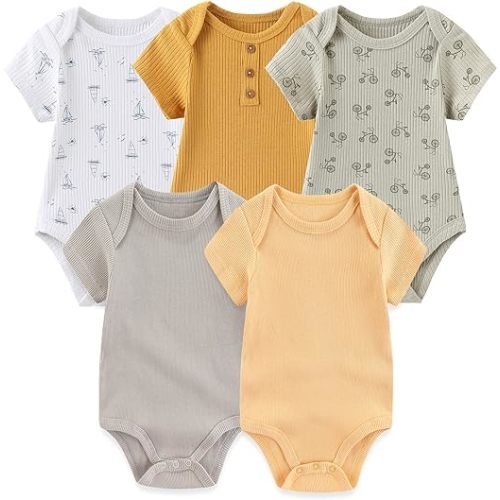 MAMIMAKA Newborn Baby Short Sleeve Bodysuit Cotton One-Piece Baby Clothes 5-Pack, 0-12 Months