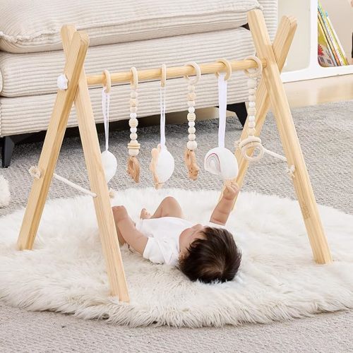Foldable Wooden Baby Play Gym, Activity Center with 6 Sensory Hanging Toys Natural Wood Montessori Toys for Babies Indoor Gym, No-Tool Assembly Newborn for Infant Motor Development