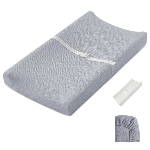 Blissful Diary Muslin Baby Changing Pad with Waterproof Lining Foam, Diaper Changing Table Pad with Cover for Dressers (Gray, Rectangular)
