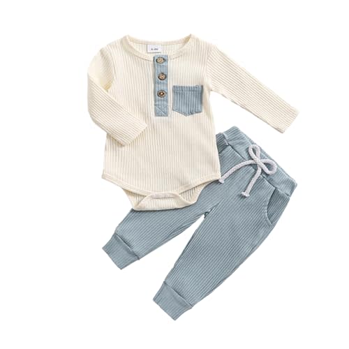 fhutpw Baby Boy Clothes 3 6 12 18 Months Ribbed Knitted Long Sleeve Romper and Pants Sets Newborn Fall Splicing Color Outfits