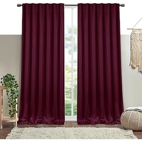 Burgundy Wine Solid Panel Curtains, 63 Inches Long, Set of 2, 100% Cotton, Light Filtering for Privacy, Rich Farmhouse Elegance, Perfect for Bedroom, Living Room, 54" W x 63" L