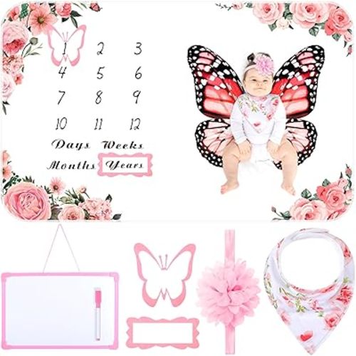 Chumia 6 Pcs Monthly Baby Milestone Blanket for Girl Set Butterfly Newborn Calendar Growth Chart Baby Age Receiving Blanket with Bib Frame Headband for Photo Props 59" x 39"(Pink,Floral Pattern)