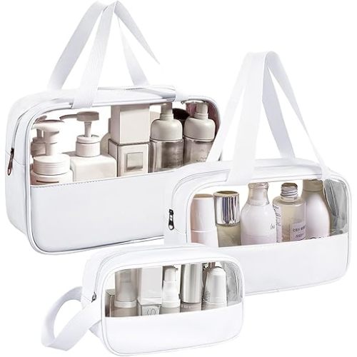 Clear Makeup Bag, 3 Pcs of Cosmetic Bags Set, Transparent PVC Travel Makeup Pouch, Waterproof Cute Toiletry Bag for Women (White)