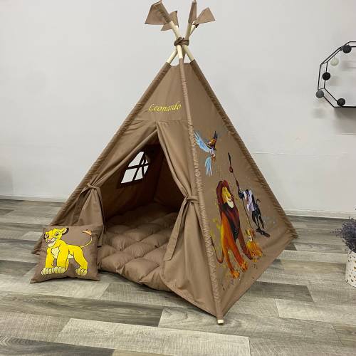 Teepee tent for kids with hand drawing Lion King, cotton indoor playhouse, childrens outdoor playhouse, tipi zelt kinder