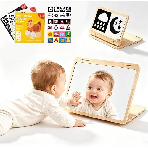 Tummy Time Mirror with 60 High Contrast Cards, 2 in 1 Wooden Montessori Mirrors & Card Display Stand, Shatterproof Safe Baby Floor Mirror, Black White Colorful Visual Stimulation Sensory Toy