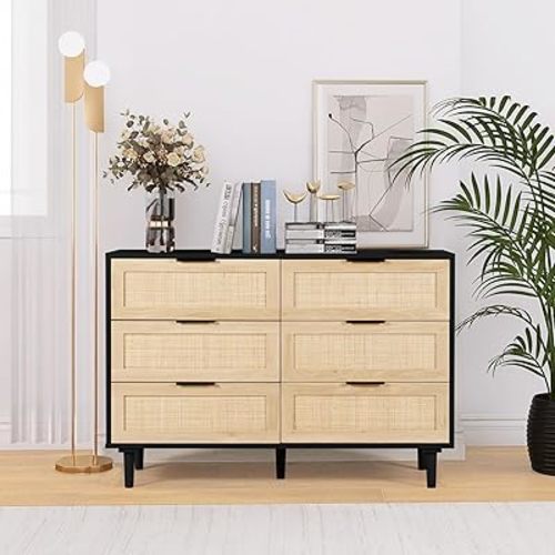 Rattan Dresser for Bedroom, Modern 6 Drawer Double Dresser with Gold Handles, Wood Storage Chest of Drawers for Bedroom,Living Room,Hallway (Black)