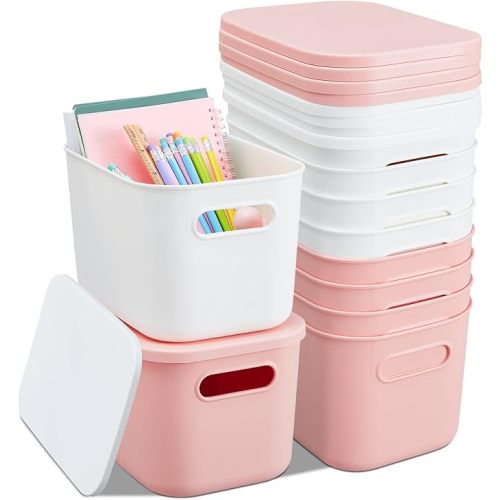 Hoolerry 8 Pieces Colorful Storage Bins with Lid, Plastic Storage Basket Organizing Container Stackable Box with Handle for Shelves Desktop Playroom Office(9.8 x 7.1 x 6.3 Inch,White and Pink)