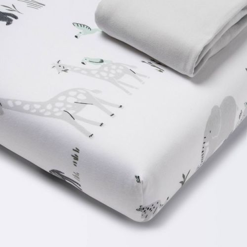 Fitted Play Yard Jersey Sheet 2pk - Cloud Island™ Two by Two Animals and Solid Gray
