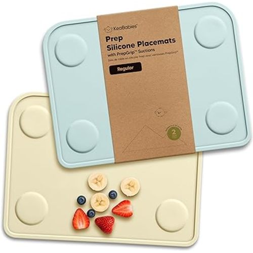 KeaBabies 2pk Silicone Placemats for Toddlers,Kids - 12x9 Non Slip Suction Baby Silicone Placemat for Restaurants,Dining Table,Travel,Easy to Clean,Food Grade/BPA-Free,Small Baby Table Mat(Pastel Sky)