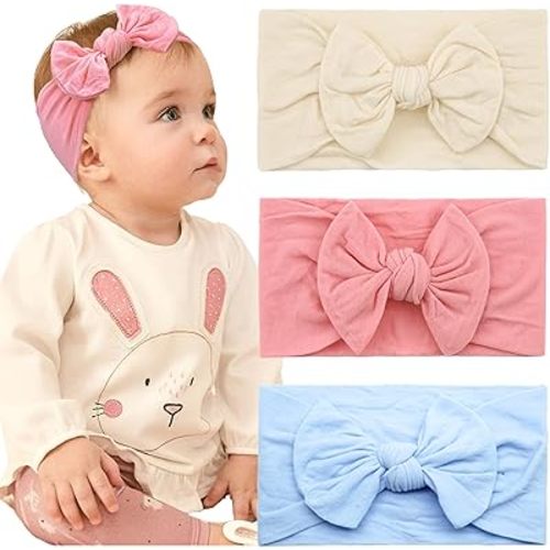 JOYOYO 3 Colors Soft Wide Turban Baby Headbands with 4.5 inches Hair Bow Headbands for Baby Girls Infants Newborn Hair Accessories Toddlers Kids and Children(Beige Pink Blue)