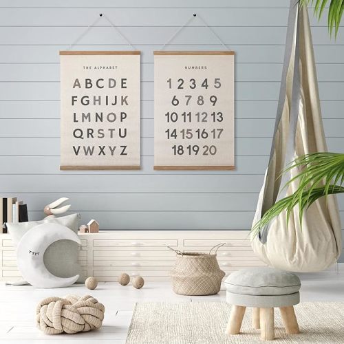Bon et Beau 16 x 24 Inch Embroidered Alphabet Poster Framed with Wood Hanger - Neutral Gray Wall Decor for Boys Nursery, Bedroom, Playroom, Toddler and Kids Room