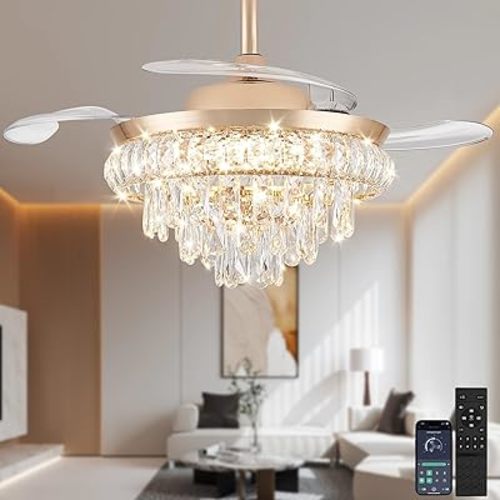 36Inch Dimmable Fandelier Crystal Ceiling Fans with Lights and Remote 6 Speed 3 Light Retractable Chandelier Ceiling Fan Gold Modern Ceiling Fan for Bedroom Living Room Dining Room