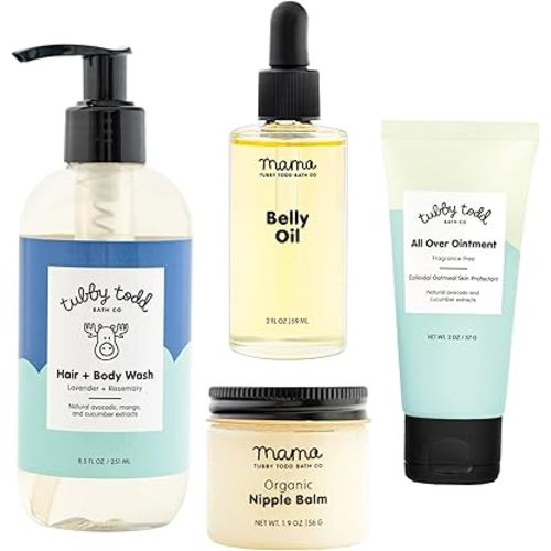 Tubby Todd New Baby & Mom Sensitive Skincare Kit - The Mama + Baby Gift Set - Baby Shampoo and Body Wash 8.5 Oz, All Over Ointment 2 Oz, Belly Oil 2 Fl Oz & Nipple Balm 1.9 Oz - Lavender Rosemary