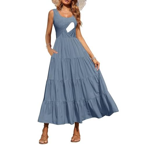 CzzzyL Women's Nursing Dresses Smocked Crew Neck Summer Sleeveless Tiered Maxi Dress with Pockets