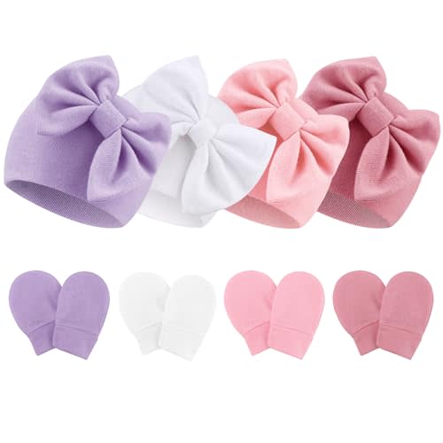 Newborn Baby Hats and Mittens Set Infant Bow Beanie Cap Toddler Gloves Newborn Hospital Hats for Baby Boy Girl 0-6 Months