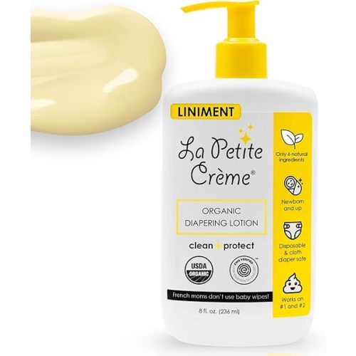 La Petite Creme French Premium Liniment Baby Lotion - Diaper Cream Alternative to Wet Wipes - Gentle Moisturizer & Skin Cleanser, USDA Certified Organic Ingredients - Newborn Essentials (8 oz)