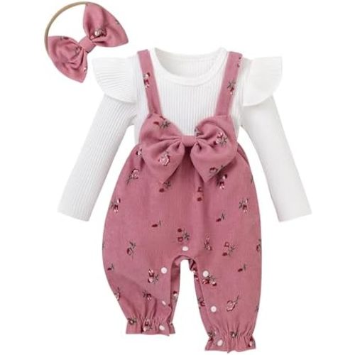 Newborn Infant Baby Girl Clothes Outfits Ruffle Romper with Headband Longsleeve Jumpsuit Coming Home Outfit