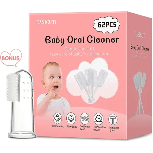 62PCS Baby Tongue Cleaner, Baby Oral Cleaner Newborn Baby Toothbrush,Disposable Infant Toothbrush Clean Baby Mouth,Gauze Gum Cleaner Stick Dental Care for 0-36 Month Baby+1 Finger Toothbrush with Case