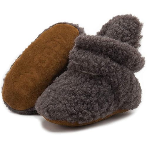 Babelvit Newborn Baby Boy Girl Soft Fleece Booties Stay On Infant Slippers Socks Shoe Non Skid Gripper Toddler First Walkers Winter Ankle Crib Shoes - 0-6 Months Infant - 4099a Dark Grey