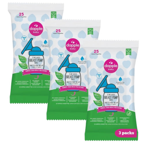 Dapple Baby Breast Pump Wipes - 75 Count (Pack of 3), Fragrance Free, Plant Based & Hypoallergenic - Removes Milk Residue, Leaves No Taste - Convenient Wipes Pouch