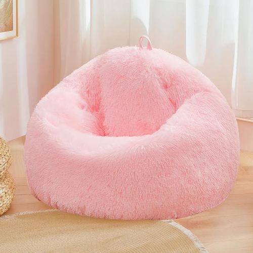 Pink fluffy bean bag chair covers (No Filler), comfy Plush Pink bean bag chair Cover for bedroom, stuffed animal Storage, kids adults teens girls bean bag chairs, Anti-Slip