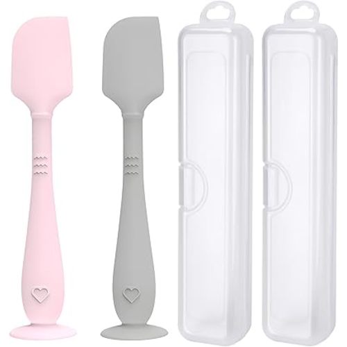 2 Pack Diaper Cream Spatula with Hygienic Travel Case, Butt Spatula Baby with Suction Base, Baby Butt Paste Spatula, Soft Silicone Diaper Rash Cream Applicator Large Size (Pink & Gray)