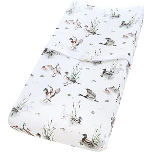 LifeTree Muslin Changing Pad Cover for Baby Girls Boys, 70% Viscose from Bamboo and 30% Cotton Natural Comfort Diaper Change Table Pad Covers, Soft Boho Changing Pad Sheets, MallardDuck, 16"x32"