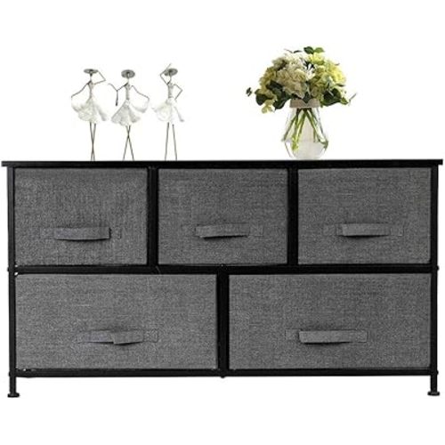 2-Tier Wide Closet Dresser, Nursery Dresser Tower with 5 Easy Pull Fabric Drawers and Metal Frame, Multi-Purpose Organizer Unit for Closets, Dorm Room, Living Room, Hallway, Grey (Grey)
