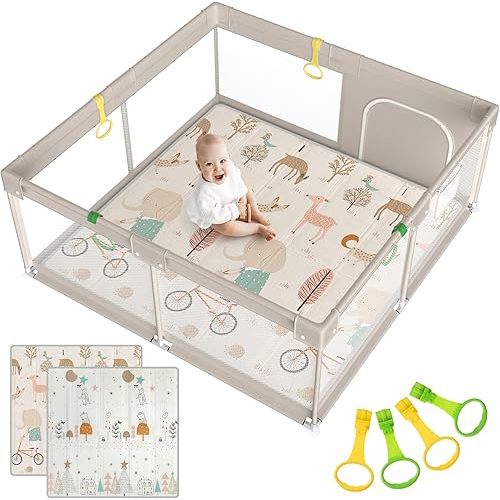 mloong Baby Playpen with Mat, 59x59x27 Inches Extra Large Playpen for Babies and Toddlers, Indoor & Outdoor Activity Center Play Pens Baby, Safety Baby Fence with palymat