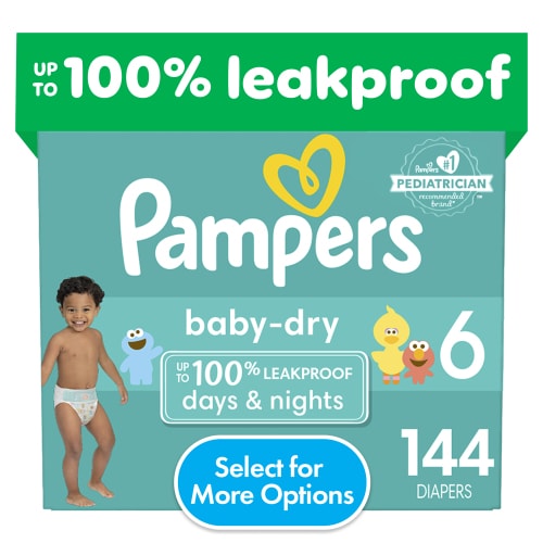 Pampers Baby-Dry Diapers, Size 6, 144 Count, 12H Dryness, 5 Layers, Hypoallergenic
