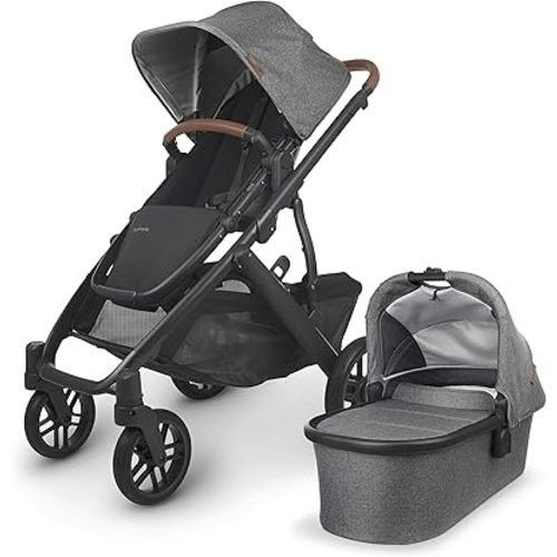 UPPAbaby Vista V2 Stroller / Convertible Single-To-Double System / Bassinet, Toddler Seat, Bug Shield, Rain Shield, and Storage Bag Included / Greyson (Charcoal Mélange/Carbon Frame/Saddle Leather)