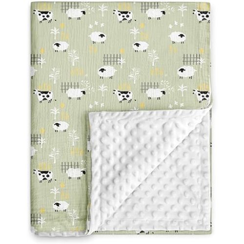 GLLQUEN BABY Blankets for Unisex Newborn Super Soft Nursery Minky Blankets with Muslin Cotton Front and Dotted Fleece Backing, Happy Little Sheep, 30 x 40 inches