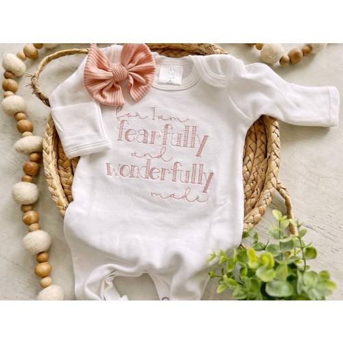 Personalized white romper with handmade bow hat custom gender neutral coming home outfit baby shower gift fearfully wonderfully made