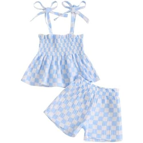 Lamuusaa Toddler Baby Girl Summer Clothes Sleeveless Strap Tank Top Cami Checkerboard Cotton Linen Shorts Set 6M-3T